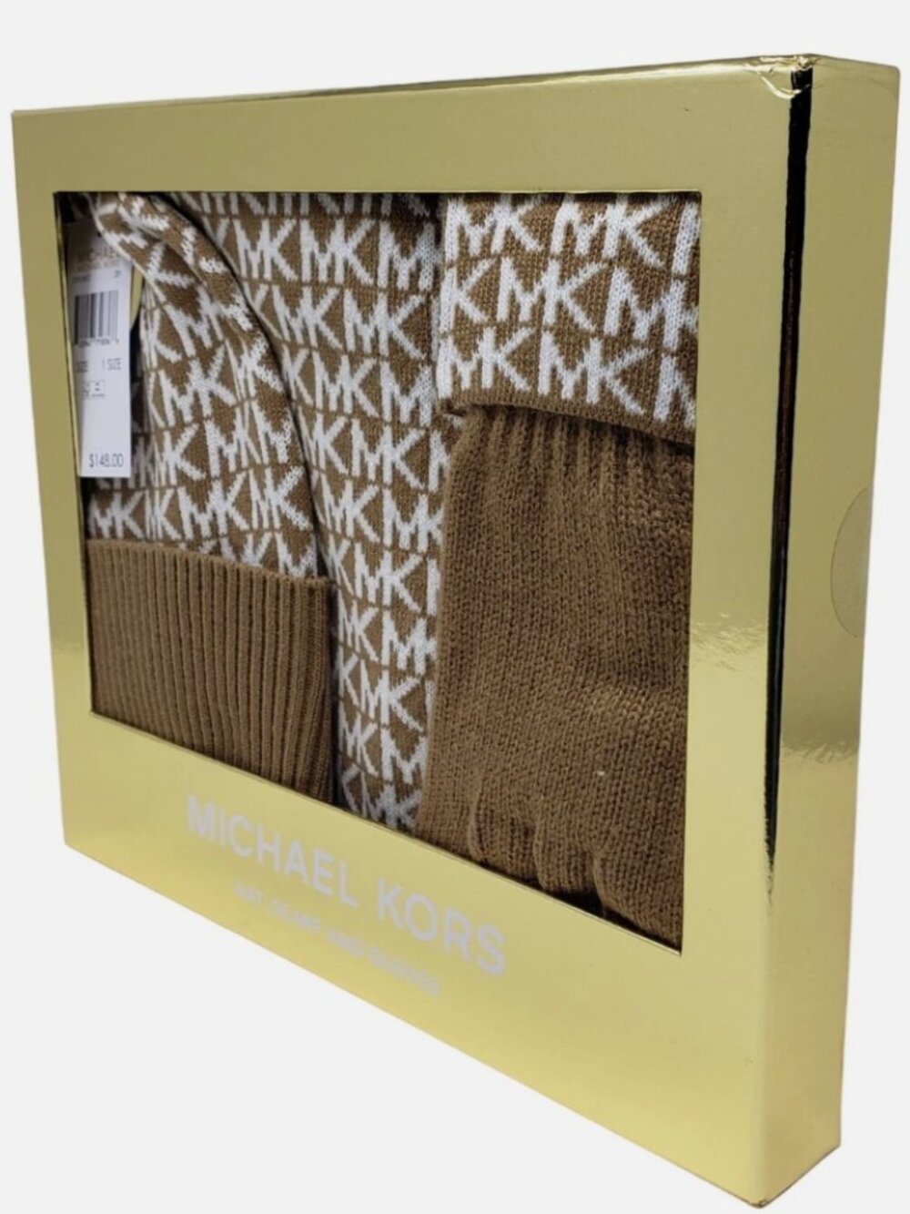 Michael Kors MK Monogram Hat Scarf & Gloves Set – Brown & White – NWT